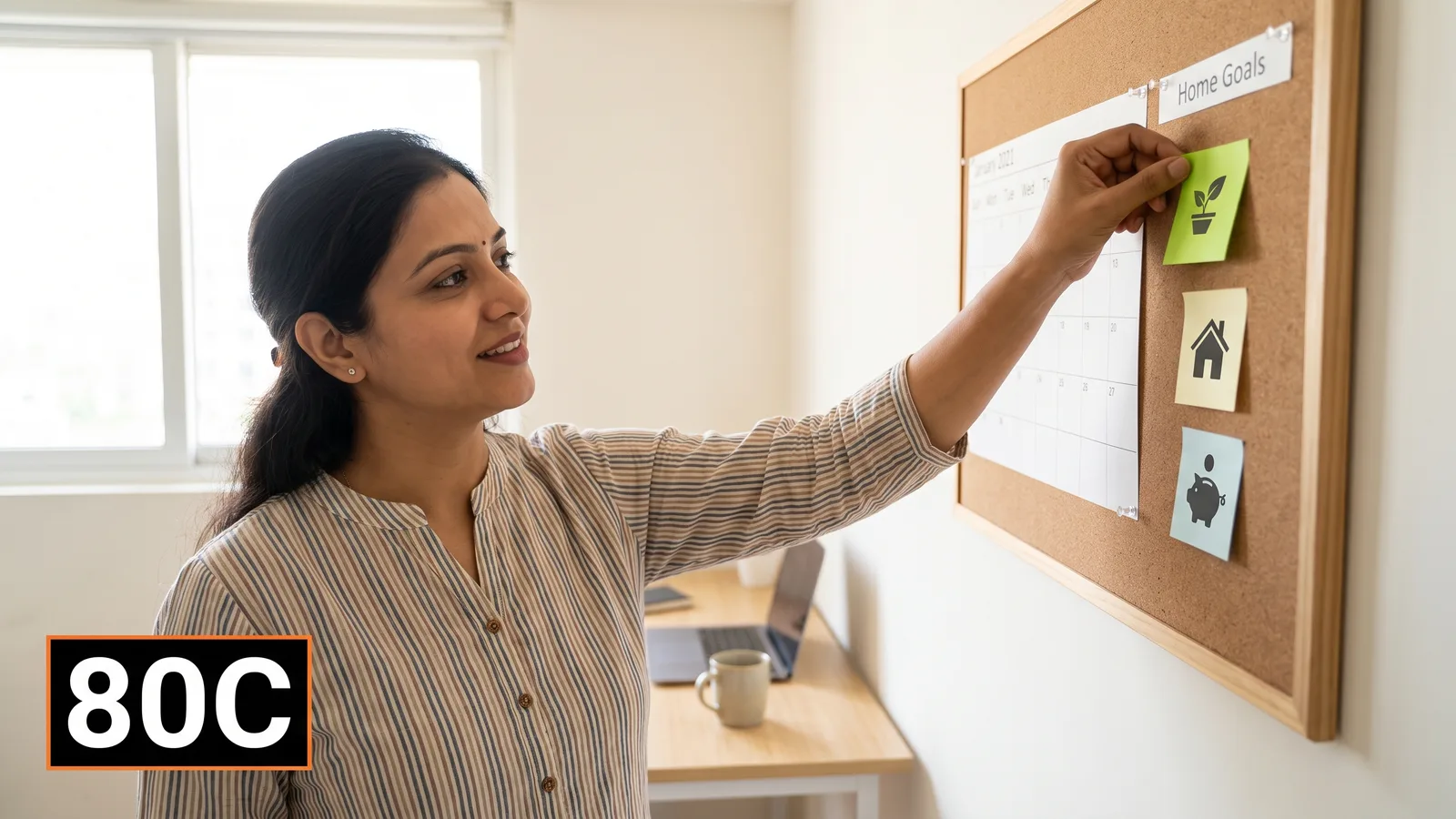 80C deduction kya hai — home study room me wall planner board par savings ki sticky notes lagati hui mahila