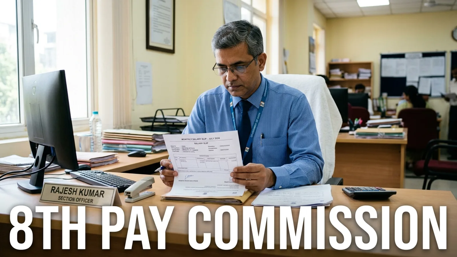 8th Pay Commission — सरकारी दफ़्तर में salary slip और calculator के साथ बैठा central government employee