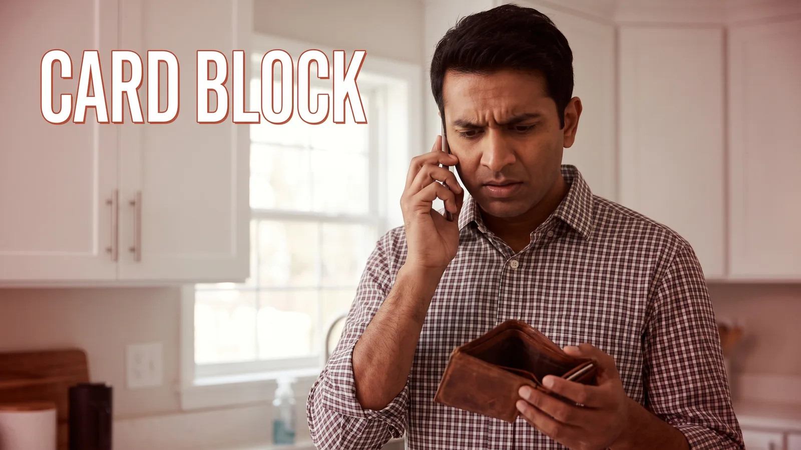 ATM card turant block kaise kare — kitchen me khada aadmi phone par urgent call karte hue, dusre hath me khaali wallet