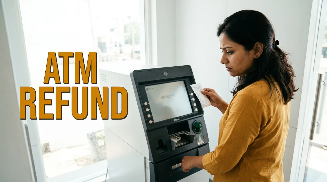 ATM se paise nahi nikle par kat gaye — दिन की रोशनी वाले ATM केबिन में खड़ी महिला खाली cash tray में हाथ डालते हुए, दूसरे हाथ में transaction की पर्ची