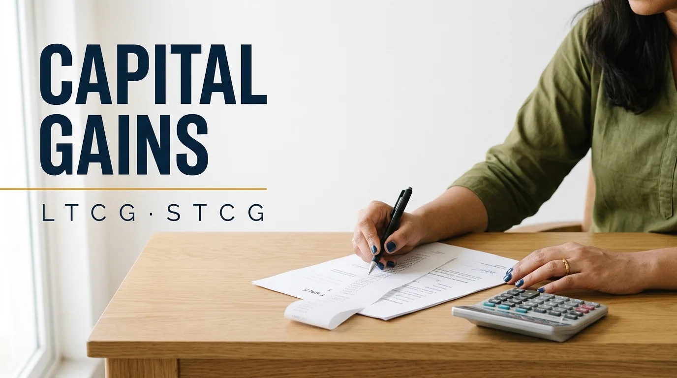 Capital gains tax kya hai — साफ़ रोशनी वाली मेज़ पर बैठी महिला property के काग़ज़ और calculator के साथ LTCG का हिसाब लगाती हुई