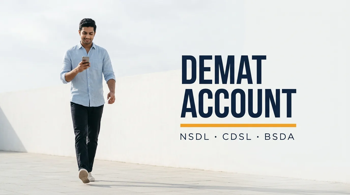 Demat account kya hai — सफ़ेद दीवार के सामने चलते हुए phone पर अपनी demat holding देखता हुआ युवक