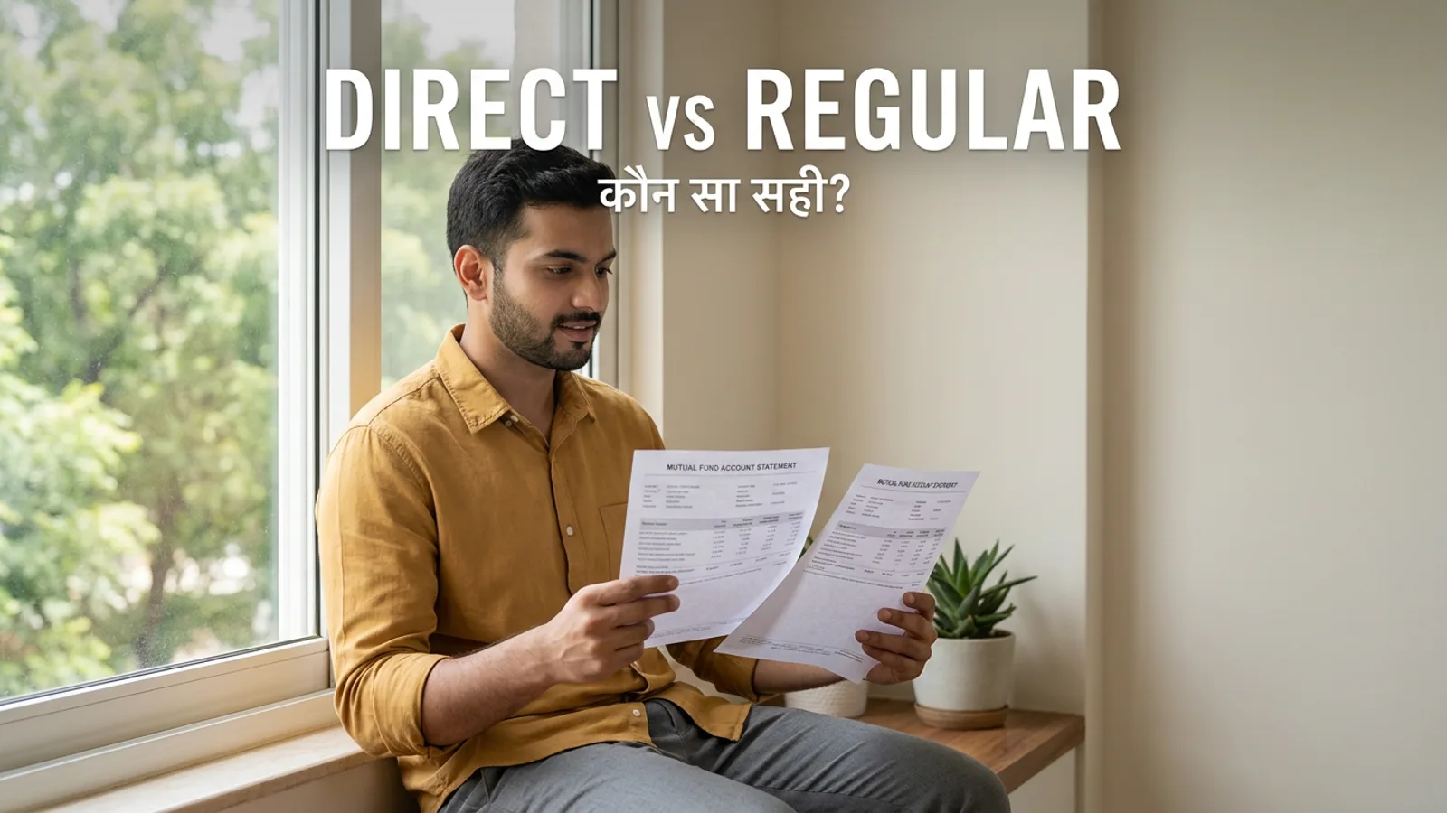 Direct vs Regular mutual fund plan — लैपटॉप पर CAS statement खोलकर folio का distributor code चेक करता हुआ investor