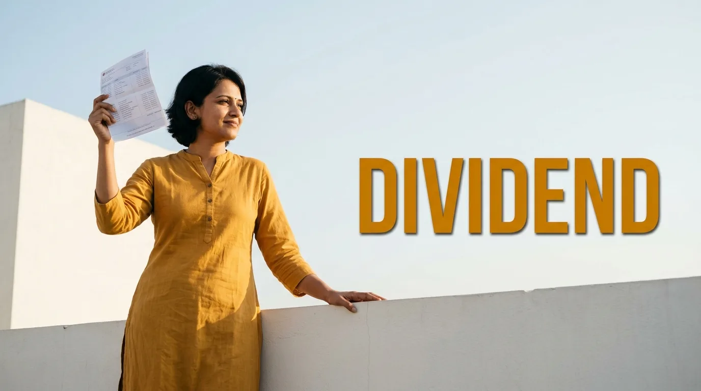 Dividend kya hota hai — खुली धूप वाली छत पर खड़ी युवती हाथ में bank statement उठाए हुए, dividend credit की जानकारी देखते हुए