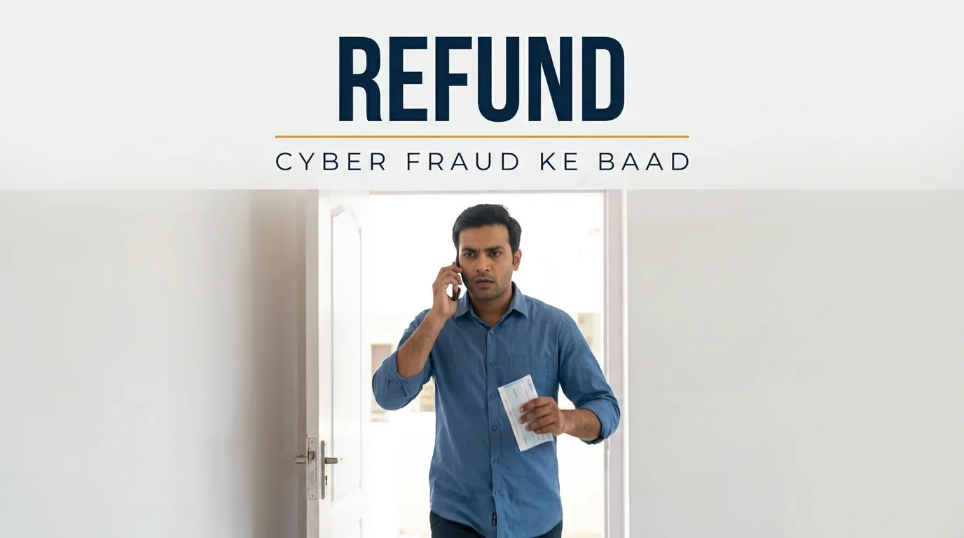 Fraud transaction ka refund kaise le — खुली खिड़की की रोशनी में खड़ा व्यक्ति एक हाथ में phone पर 1930 डायल करते हुए, दूसरे हाथ में बैंक की पर्ची