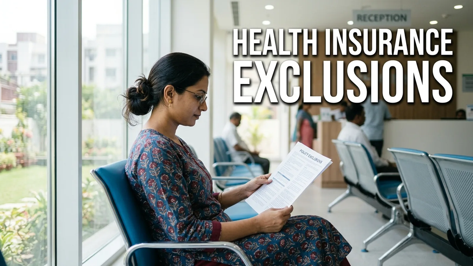 Health insurance kya cover karta hai — मेज़ पर hospital bill aur policy document रखे, हाथ में calculator लिए ध्यान से हिसाब लगाती महिला