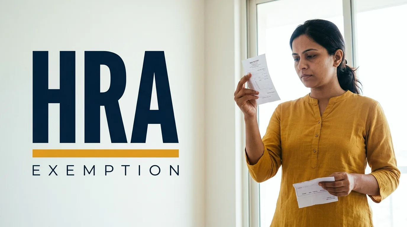 HRA exemption kaise le — साफ़ रोशनी वाले कमरे में खड़ी महिला किराये की रसीदें और salary slip हाथ में लेकर मिलाती हुई