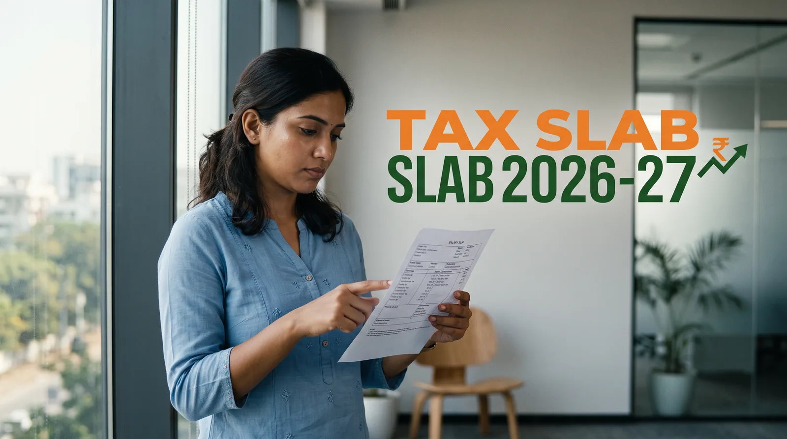 Income tax slab 2026-27 — दफ़्तर की खिड़की के पास खड़ी महिला अपनी salary slip पर स्लैब की गणना उँगली से दिखाते हुए