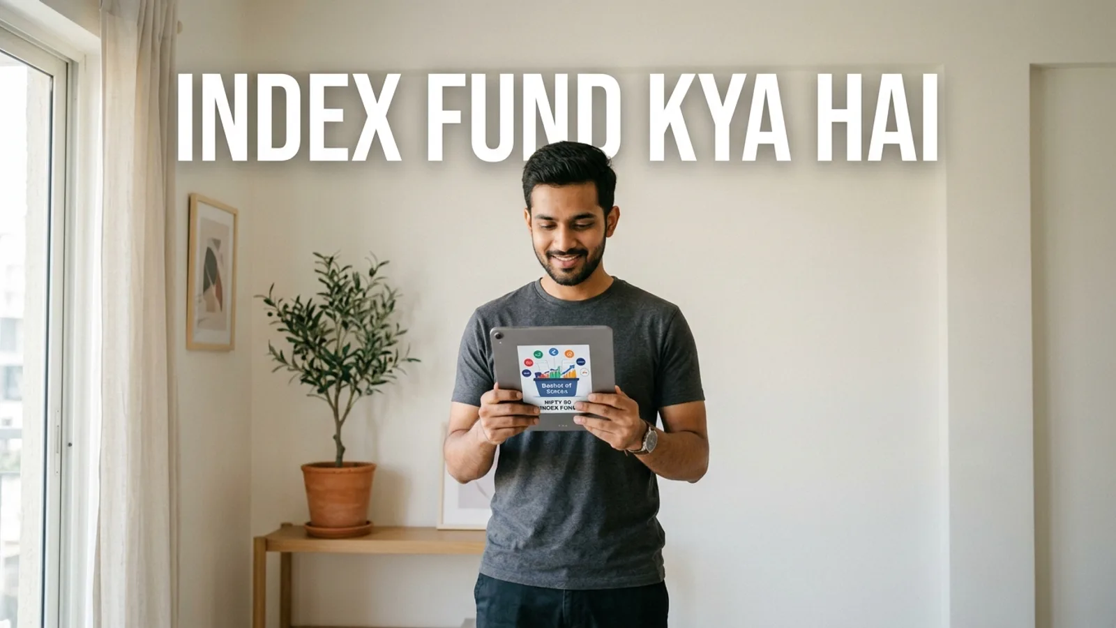 Index fund kya hai — लैपटॉप पर Nifty 50 index fund का factsheet और tracking-error चार्ट देखता हुआ young investor, कैलकुलेटर और नोटबुक साथ में