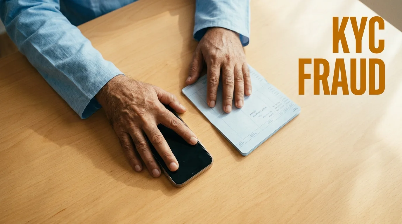 KYC update fraud — साफ़ धूप वाली लकड़ी की मेज़ पर ऊपर से लिया गया दृश्य, बुज़ुर्ग व्यक्ति का एक हाथ बंद पड़े phone पर और दूसरा हाथ बैंक की passbook पर टिका हुआ