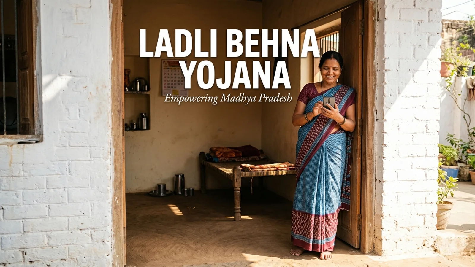 Ladli Behna Yojana — भोपाल के पास एक गांव में महिला अपने घर के आंगन में मोबाइल पर किस्त का SMS देखते हुए, पास में आधार कार्ड और बैंक पासबुक