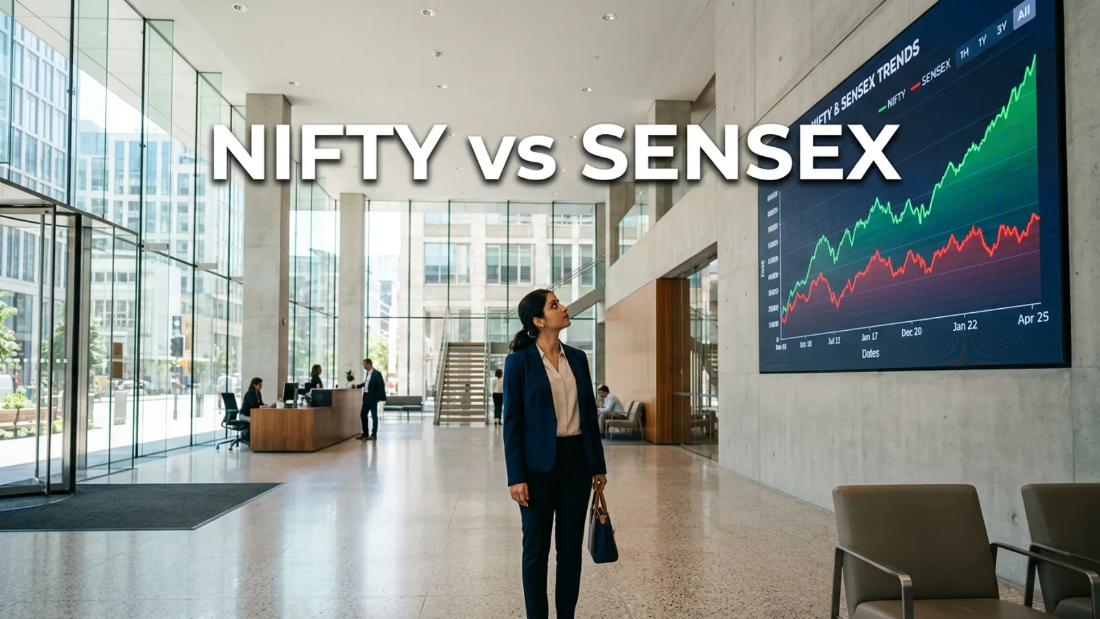 Nifty aur Sensex me fark — laptop par do stock market charts dekhta hua investor, BSE aur NSE ke index number saamne