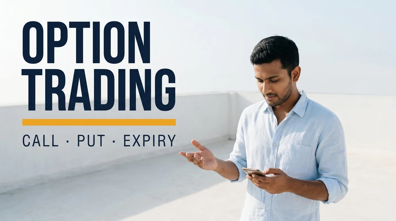 Option trading kya hai — खुली छत पर सुबह की रोशनी में फ़ोन पर Nifty option chain देखता हुआ युवक