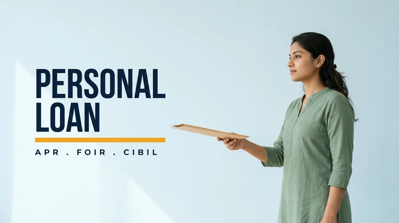 Personal loan kaise le — हल्के नीले रंग की सादी दीवार के सामने खड़ी एक युवती personal loan के काग़ज़ों की फ़ाइल आगे बढ़ाती हुई, तेज़ दिन की रोशनी