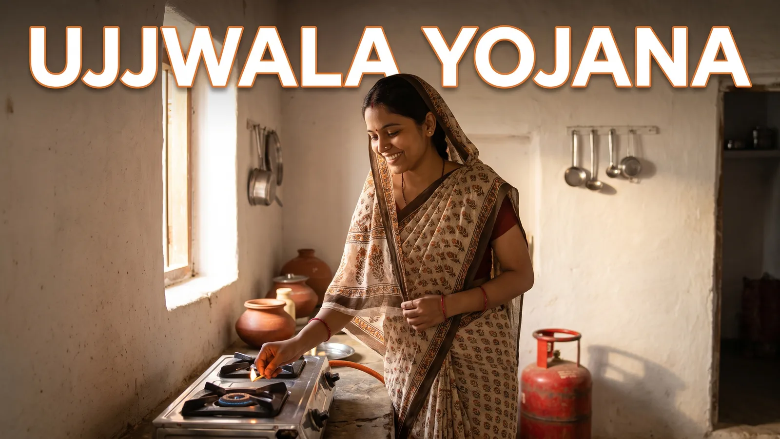 PM Ujjwala Yojana kya hai — gaon ki rasoi me gas chulha jalati hui khush mahila