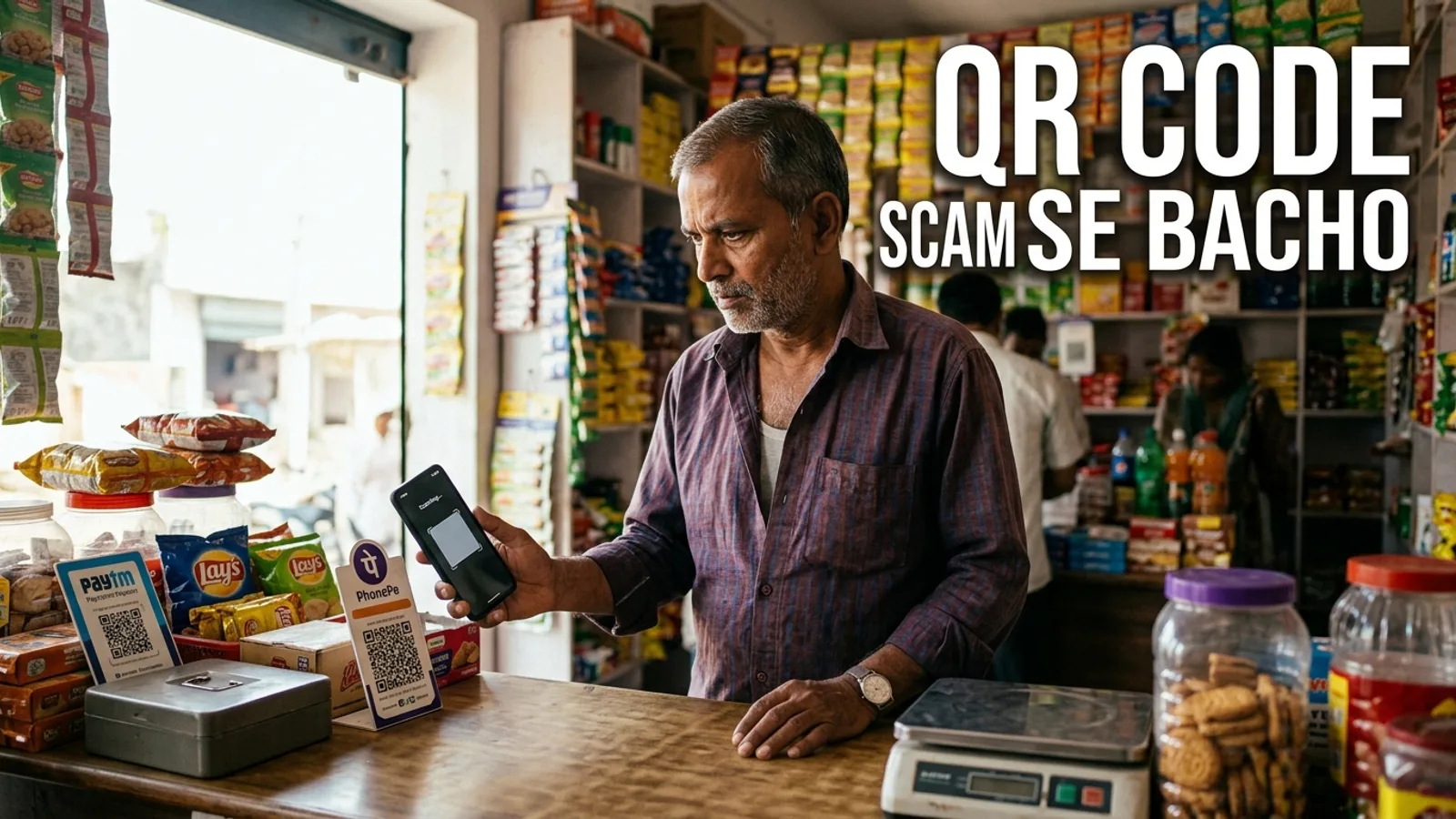 QR Code Scam Se Kaise Bache — दुकान पर पेमेंट करते समय मोबाइल पर संदिग्ध QR code स्कैन करता ग्राहक