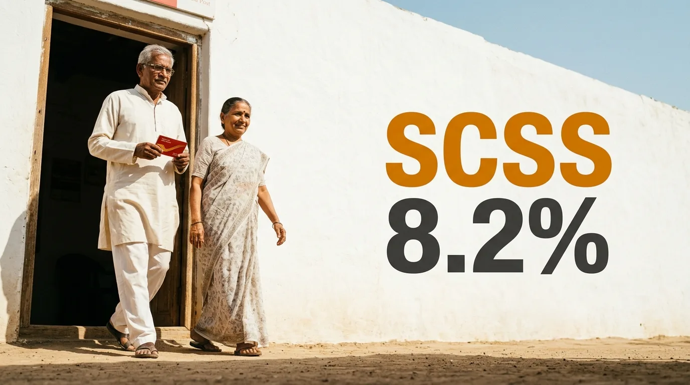 Senior Citizen Savings Scheme — passbook हाथ में लिए बुज़ुर्ग दंपति दोपहर की धूप में post office से बाहर निकलते हुए