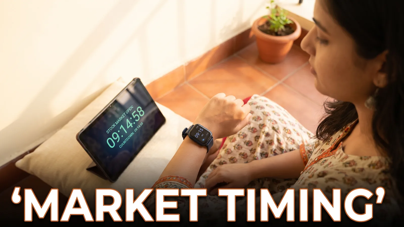 Share market timing — subah balcony me smartwatch check karti hui yuvti, saath me tablet par 9:15 ka market clock