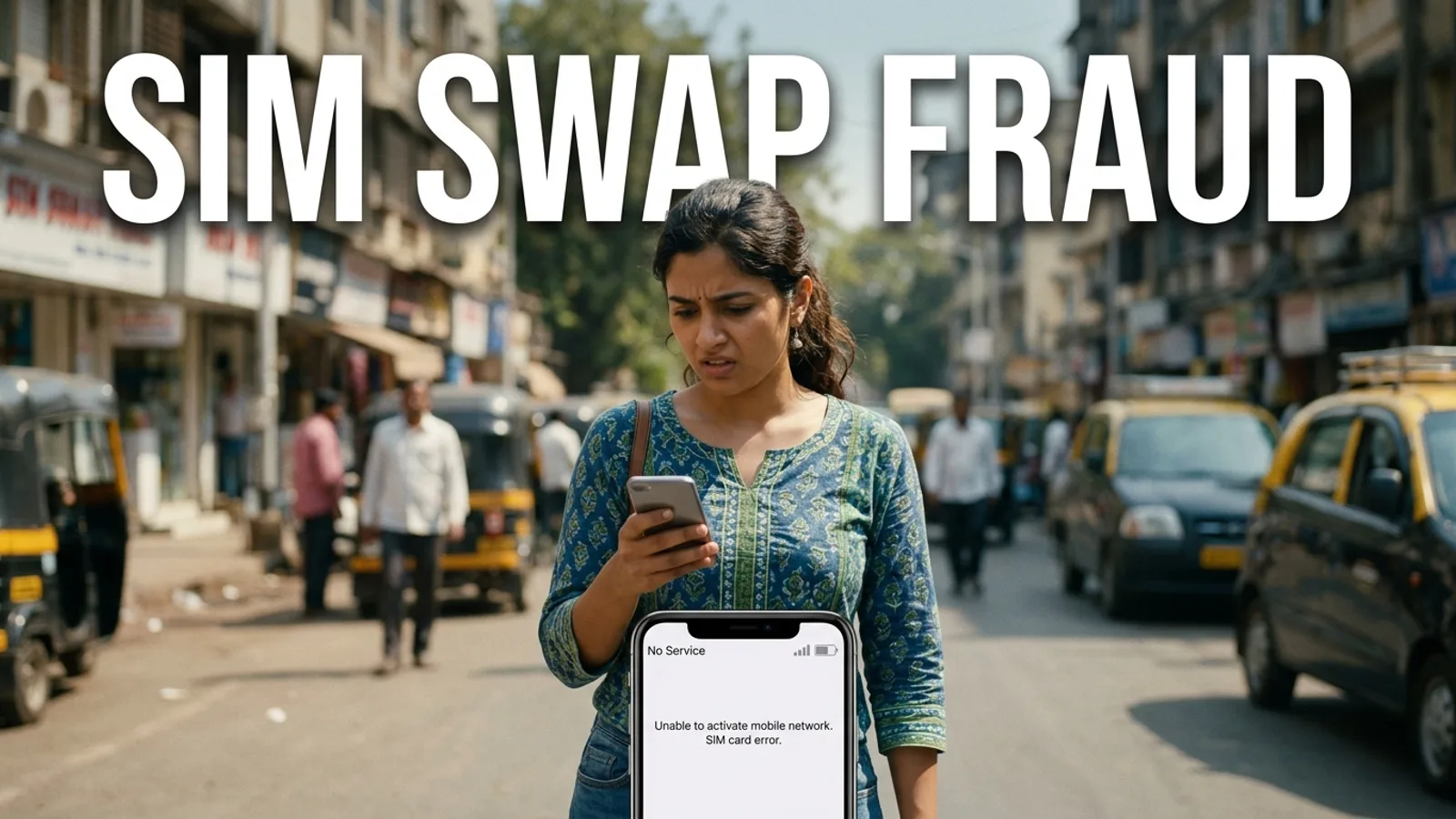SIM swap fraud — mobile phone par 'No Service' signal dekh kar pareshan vyakti apna dusra phone check karte hue