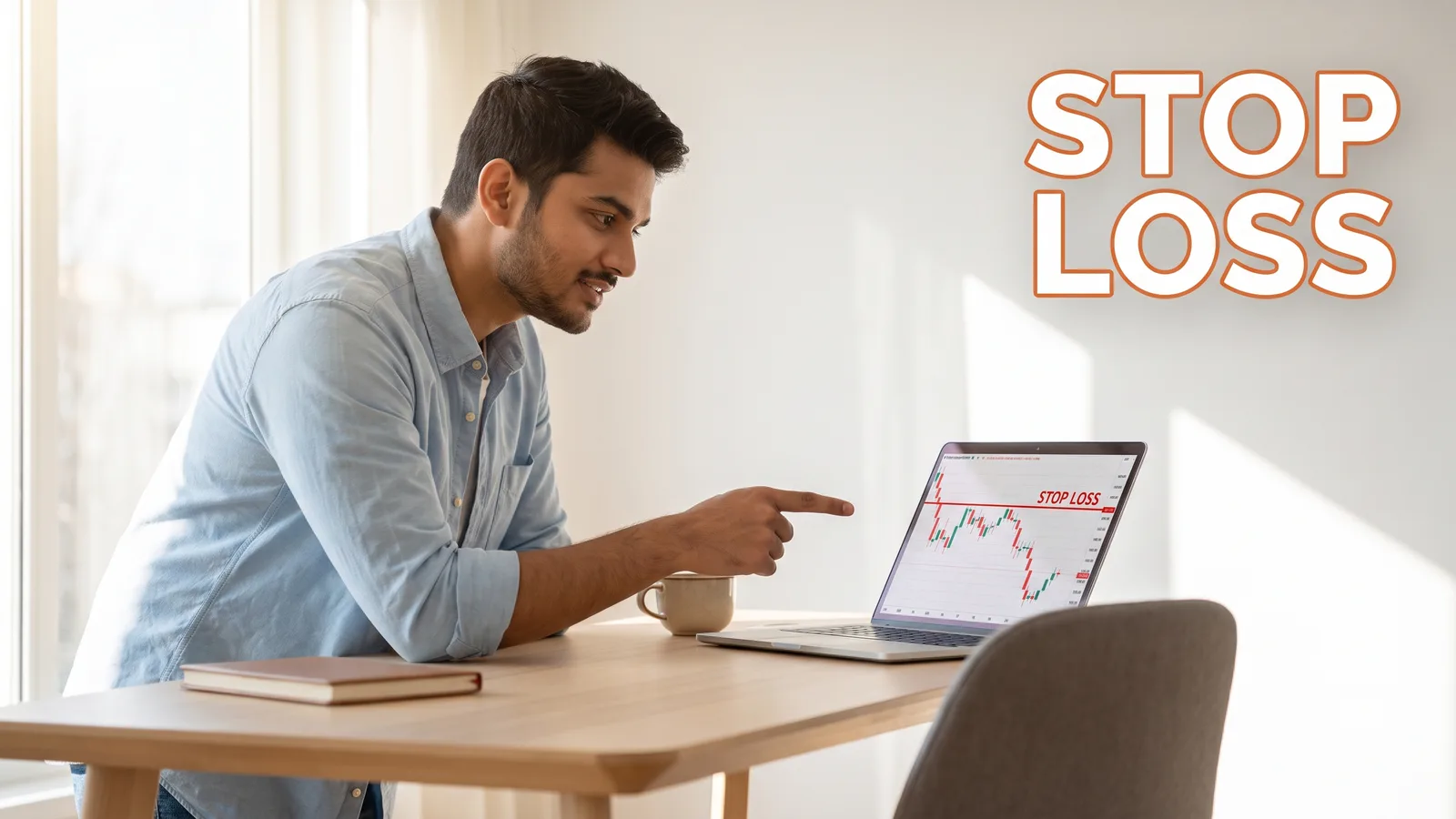 Stop loss kya hota hai — trading desk पर laptop screen के सामने खड़ा हुआ trader, स्क्रीन पर लाल stop loss trigger line दिखते हुए