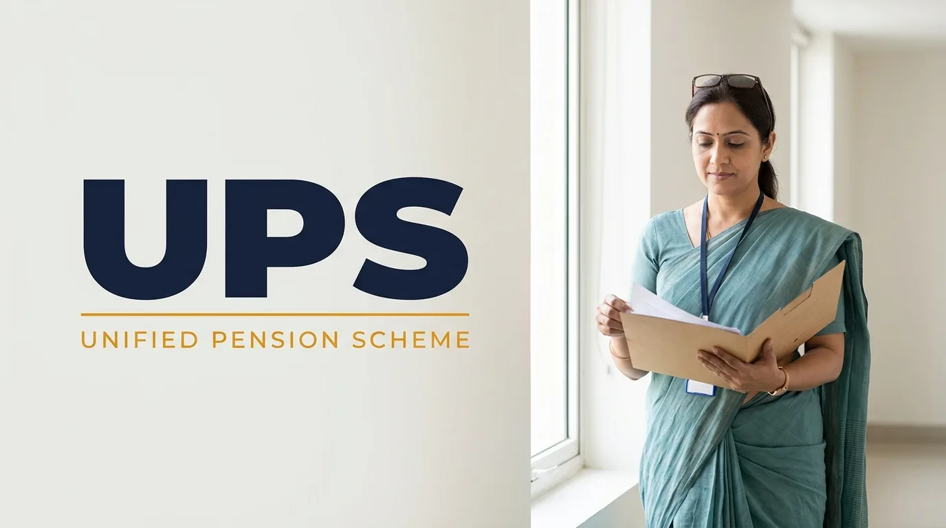 Unified Pension Scheme UPS — सरकारी दफ़्तर की खिड़की के पास खड़ी महिला कर्मचारी pension का काग़ज़ पढ़ते हुए, पीछे साफ़ रोशनी वाली दीवार