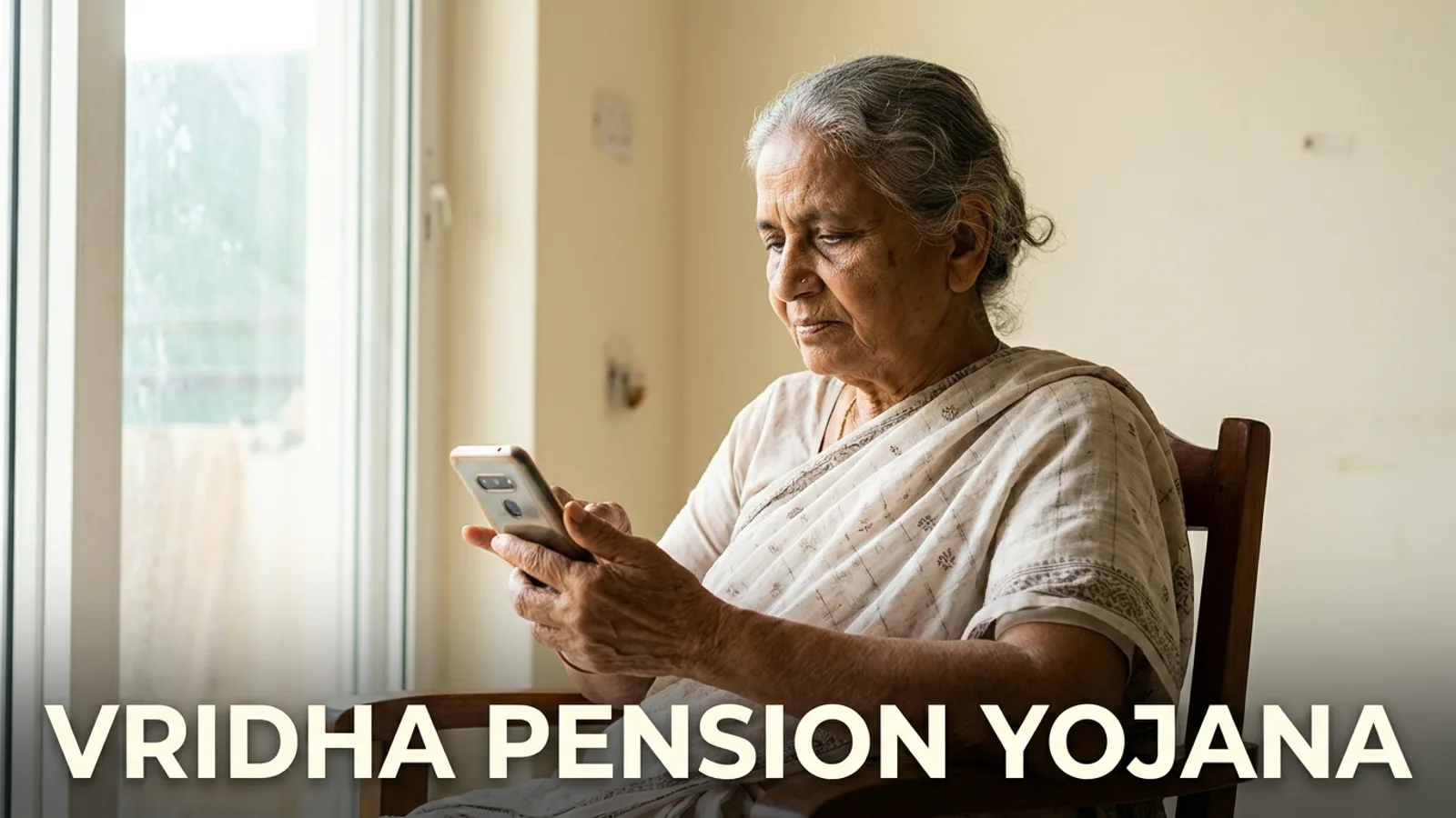 Vridha Pension Yojana — घर में बुज़ुर्ग माँ के पास बैठकर बेटी मोबाइल पर पेंशन का status दिखाती हुई, टेबल पर Aadhaar card और bank passbook रखे